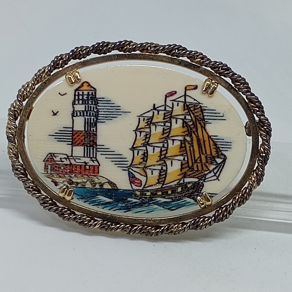 * vintage Krementz scrimshaw lighthouse & clipper ship pin brooch